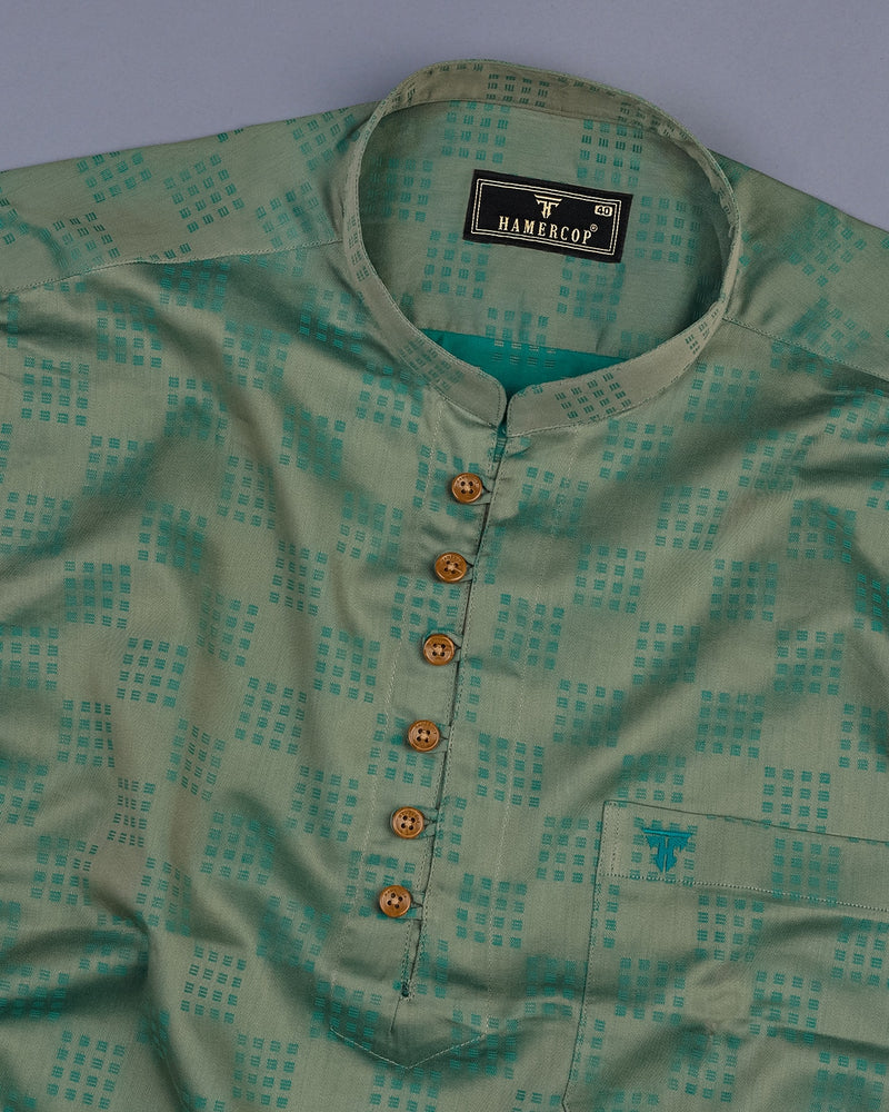 Green Sorbet Jacquard Square Checks Cotton Shirt Style Kurta