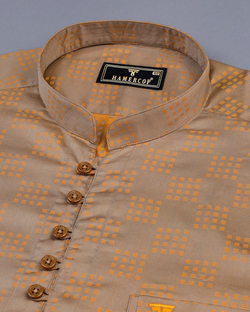 Orange Sorbet Jacquard Square Checks Cotton Shirt Style Kurta
