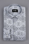 White with navy blue vintage ludo design printed satin shirt