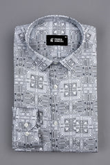 White with navy blue vintage ludo design printed satin shirt