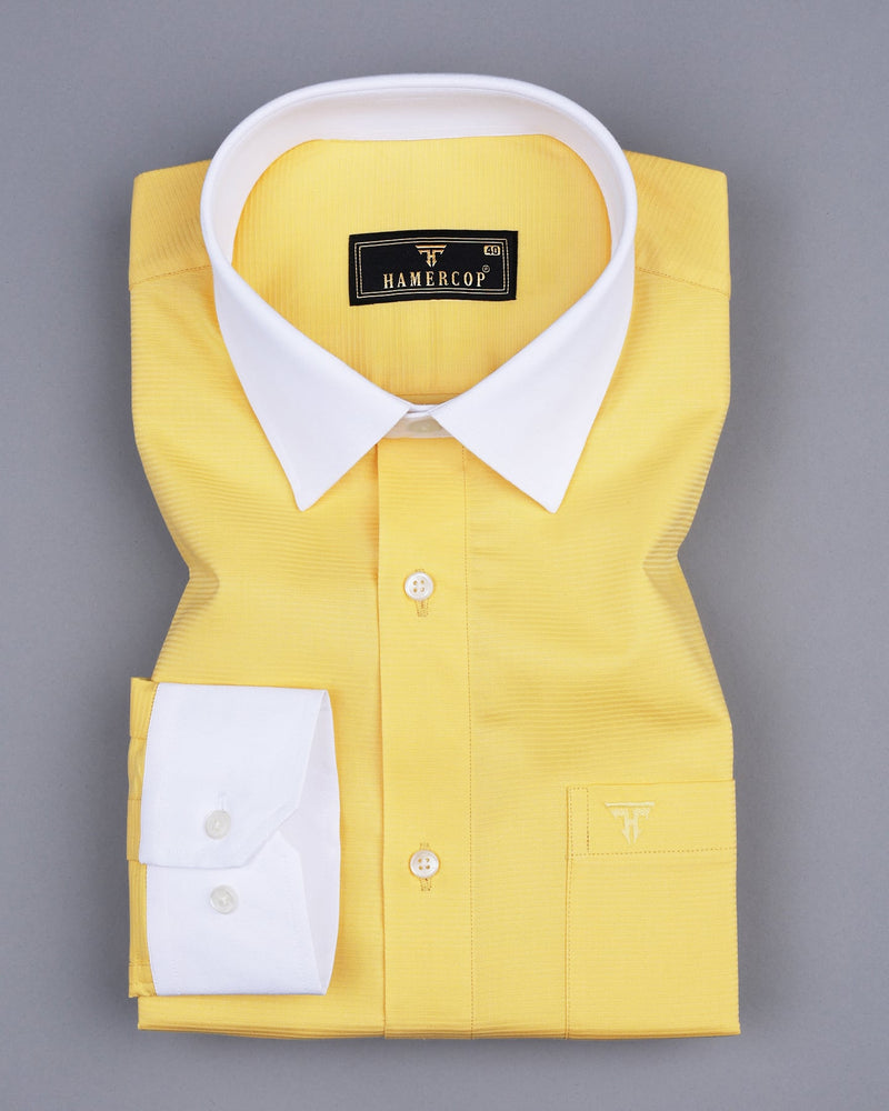 Pineapple Yellow Self Weft Stripe Dobby Cotton Designer Shirt