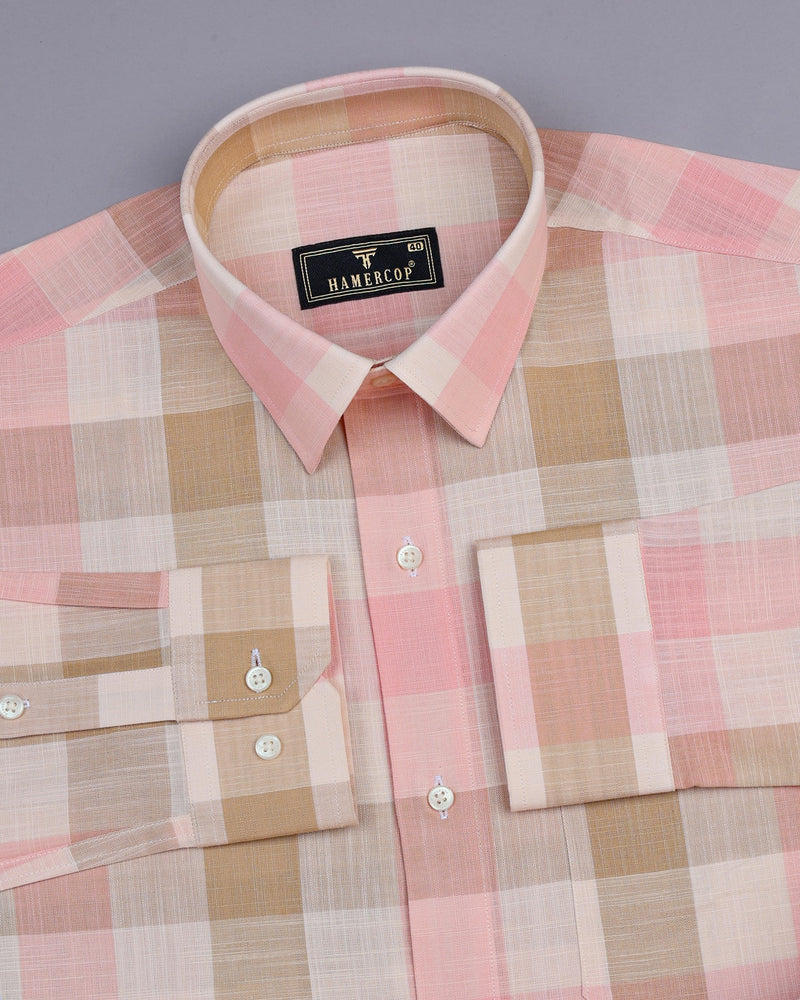 Lagos Peach Multishaded Sudoku Check Linen Cotton Shirt