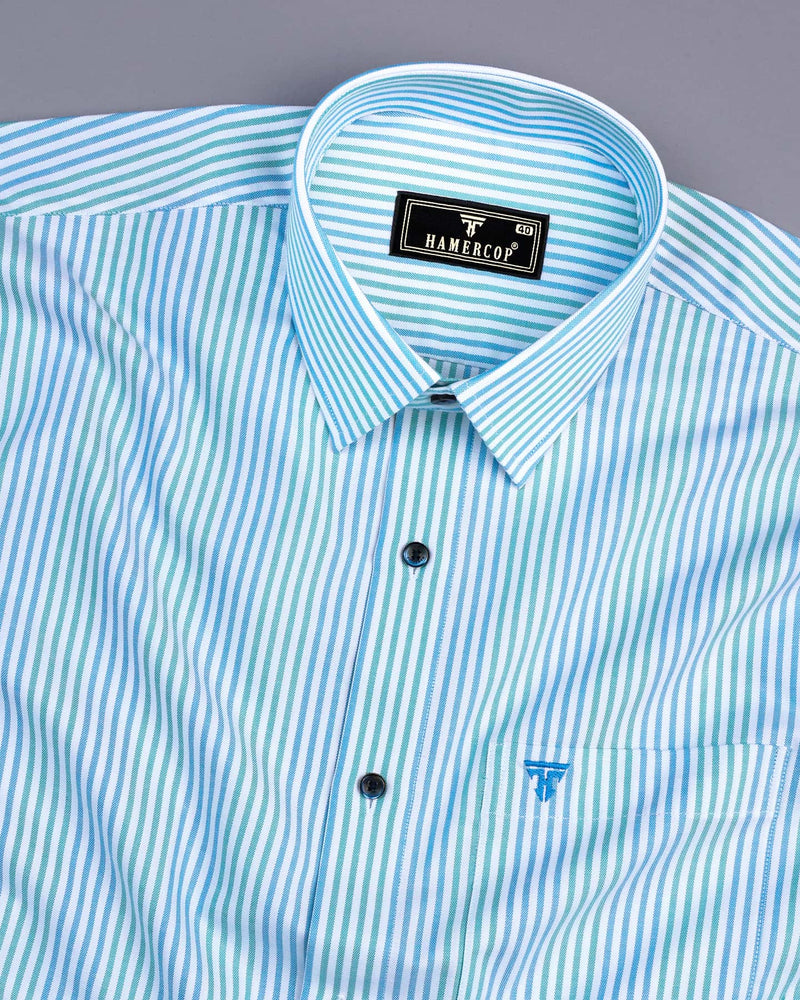 Ornate SkyBlue And Green Stripe Oxford Cotton Shirt