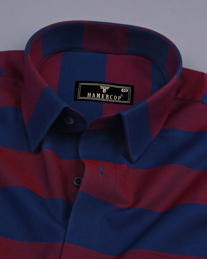 Red And Blue Broad Weft Stripe Oxford Cotton Shirt