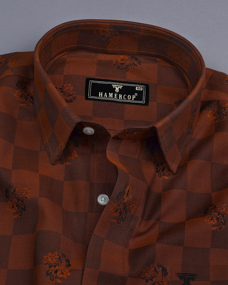 Cinnamon Brown Jacquard Textured Sudoku Check Cotton Shirt
