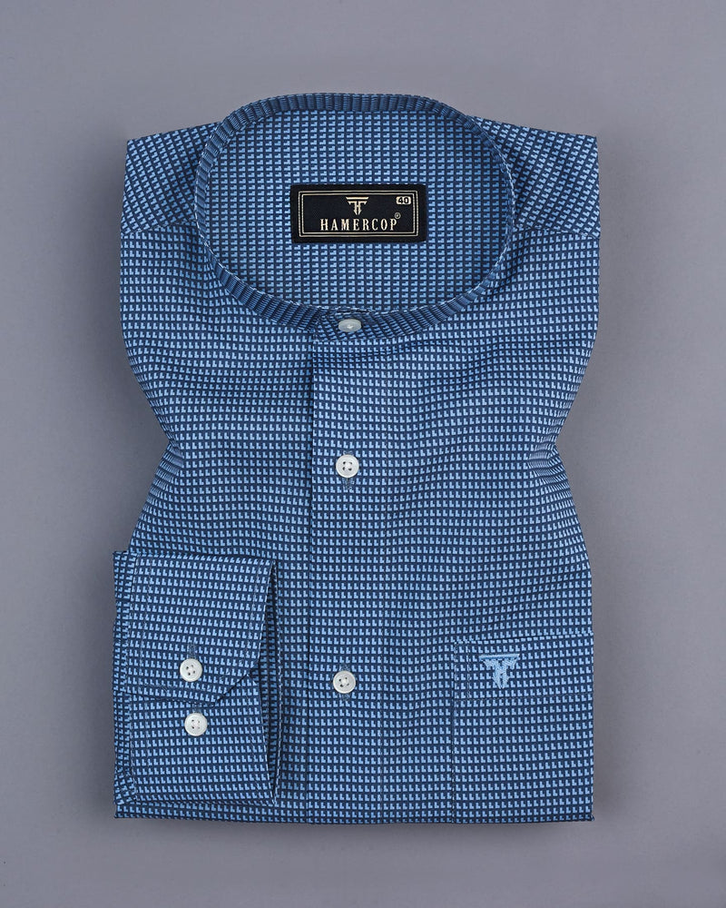 Cerulean Blue With SkyBlue Geometrical Printed Cotton Shirt