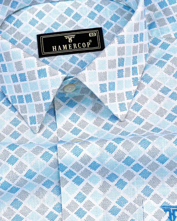 Melody Blue Square Block Printed Amsler Linen Cotton Shirt