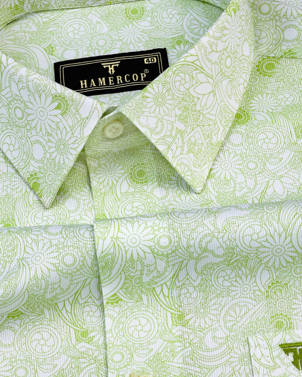 Green Florida Flower Printed White Cotton Shirt