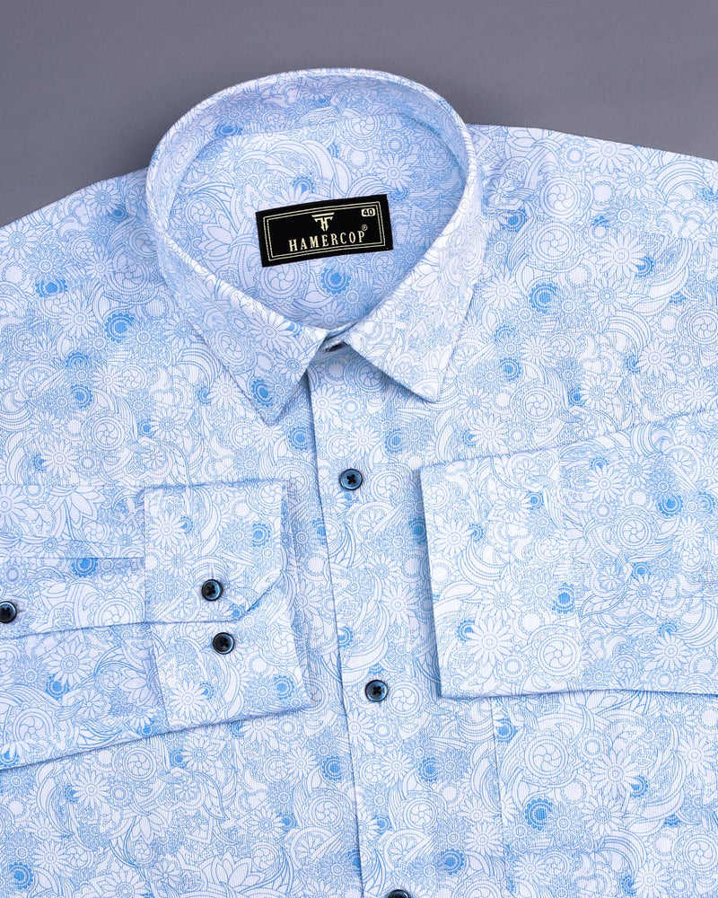 Blue Florida Flower Printed White Cotton Shirt