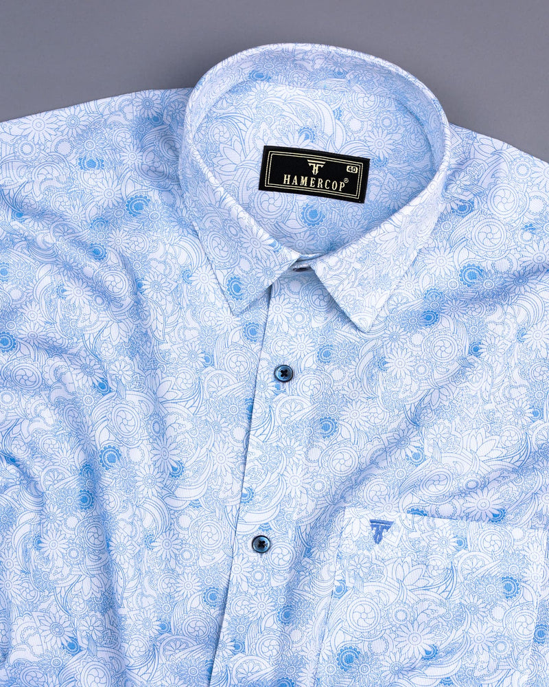 Blue Florida Flower Printed White Cotton Shirt