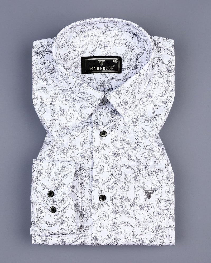 Lupine White Flower Printed Self Stripe Dobby Cotton Shirt