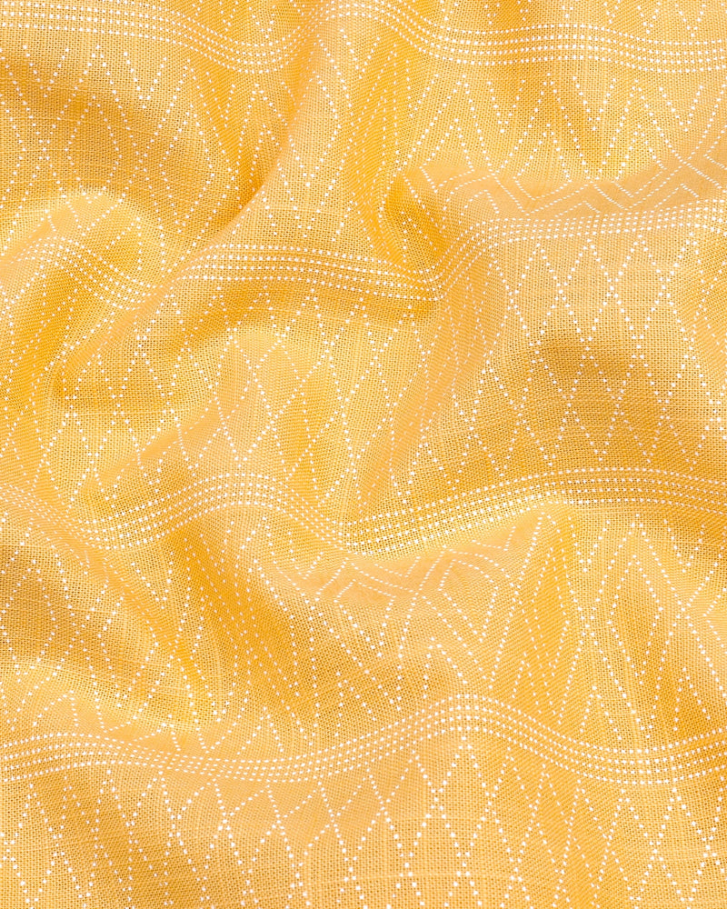 Midas Yellow With White Geometrical Printed Linen Cotton Shirt