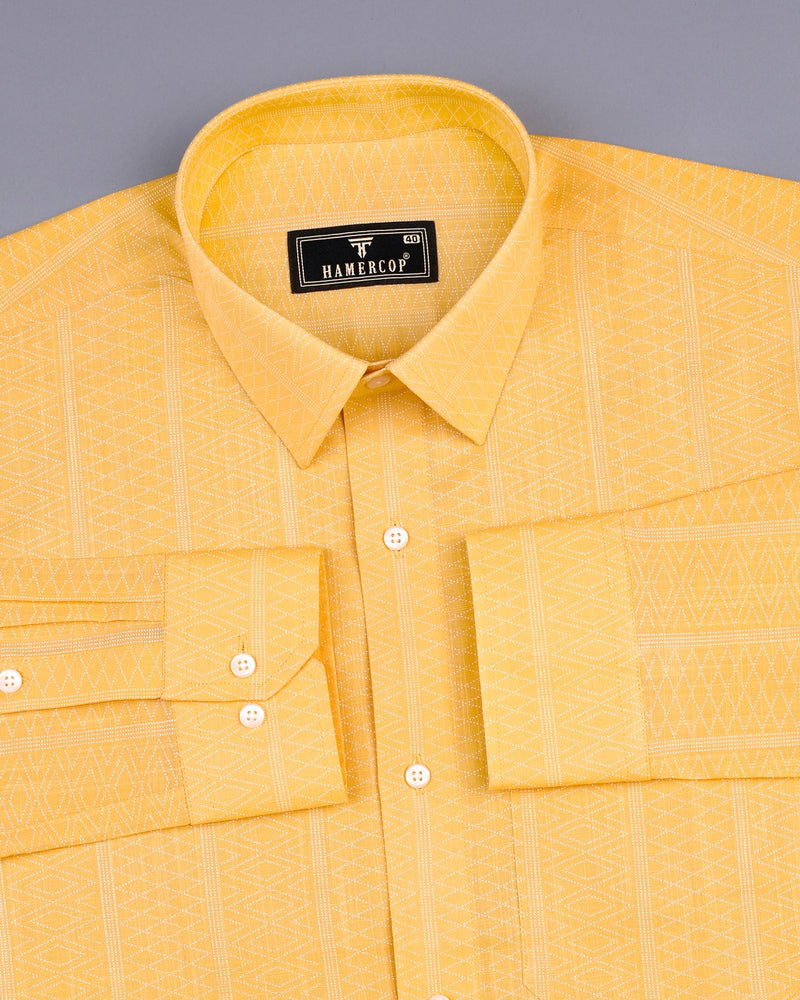 Midas Yellow With White Geometrical Printed Linen Cotton Shirt