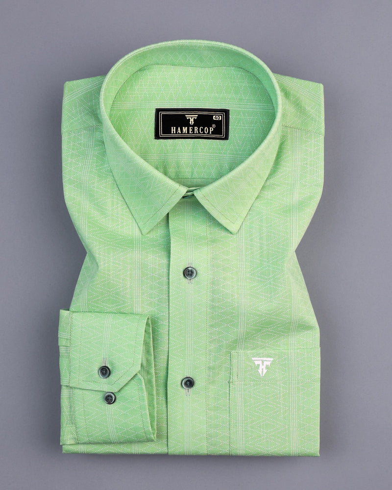 Midas Green With White Geometrical Printed Linen Cotton Shirt