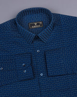 Nile Blue With Cream Print Self Weft Stripe Dobby Cotton Shirt