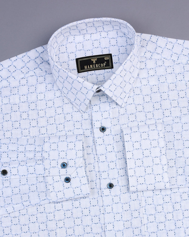 Rewa Blue With White Printed Amsler Linen Cotton Shirt