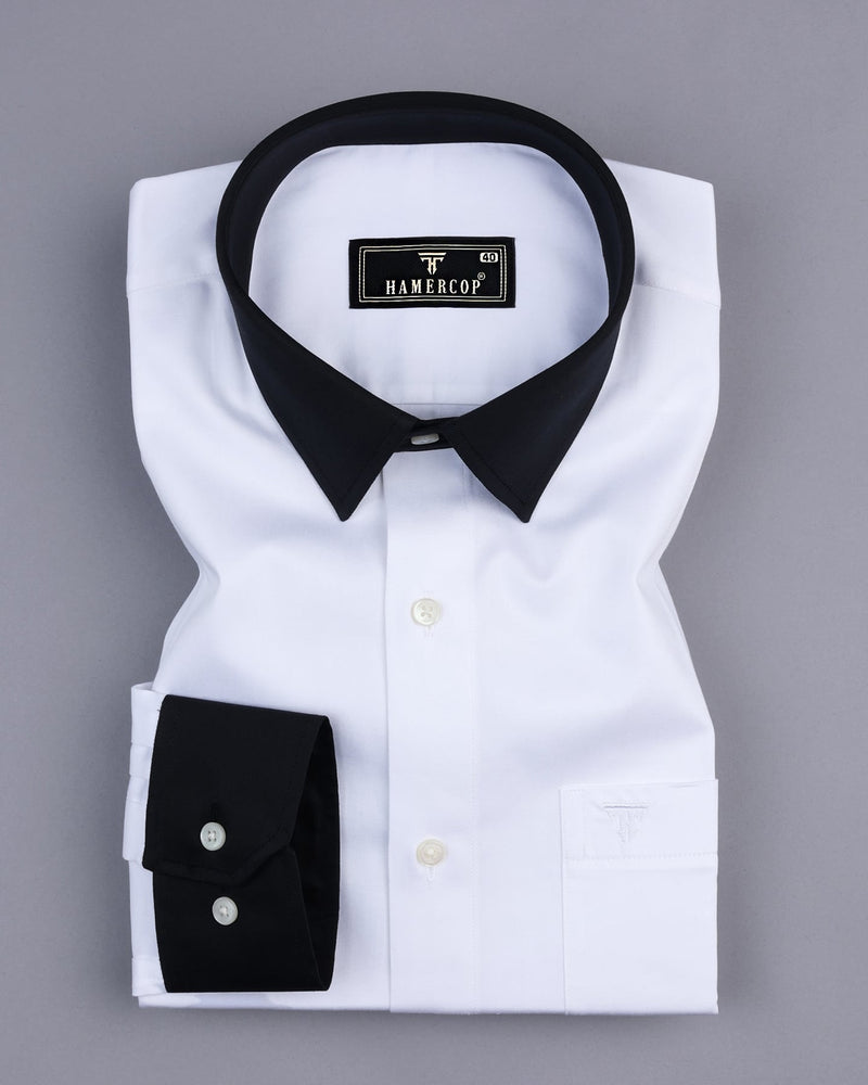 Satin White With Black Cuff And Collar Designer Cotton Shirt