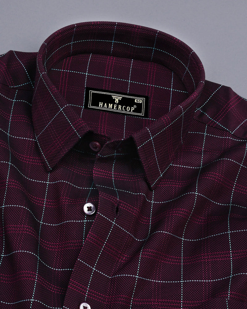 Rosewood Maroon With SkyBlue Thread Check Dobby Cotton Shirt