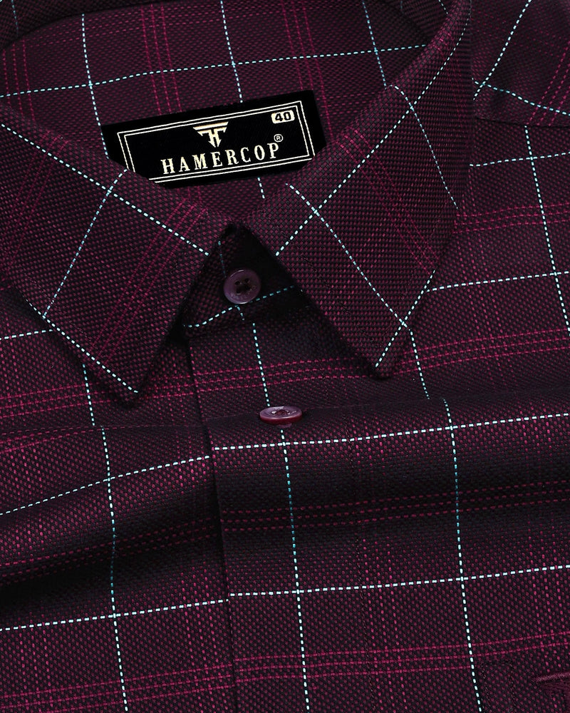 Rosewood Maroon With SkyBlue Thread Check Dobby Cotton Shirt