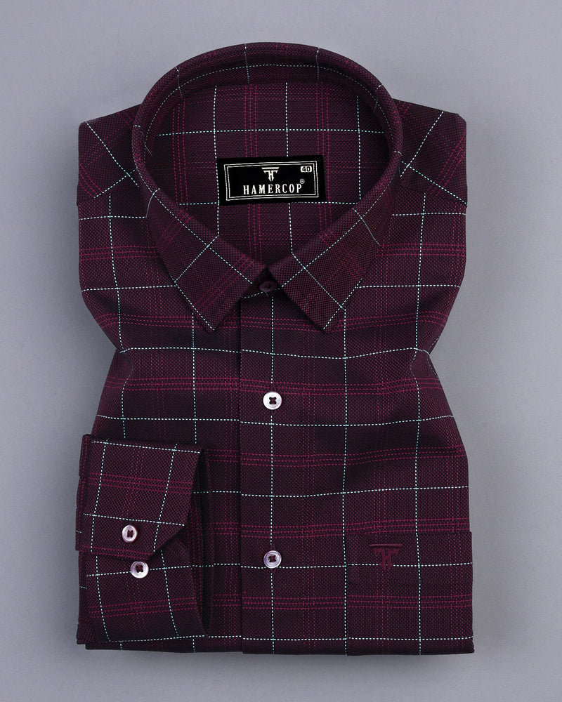 Rosewood Maroon With SkyBlue Thread Check Dobby Cotton Shirt