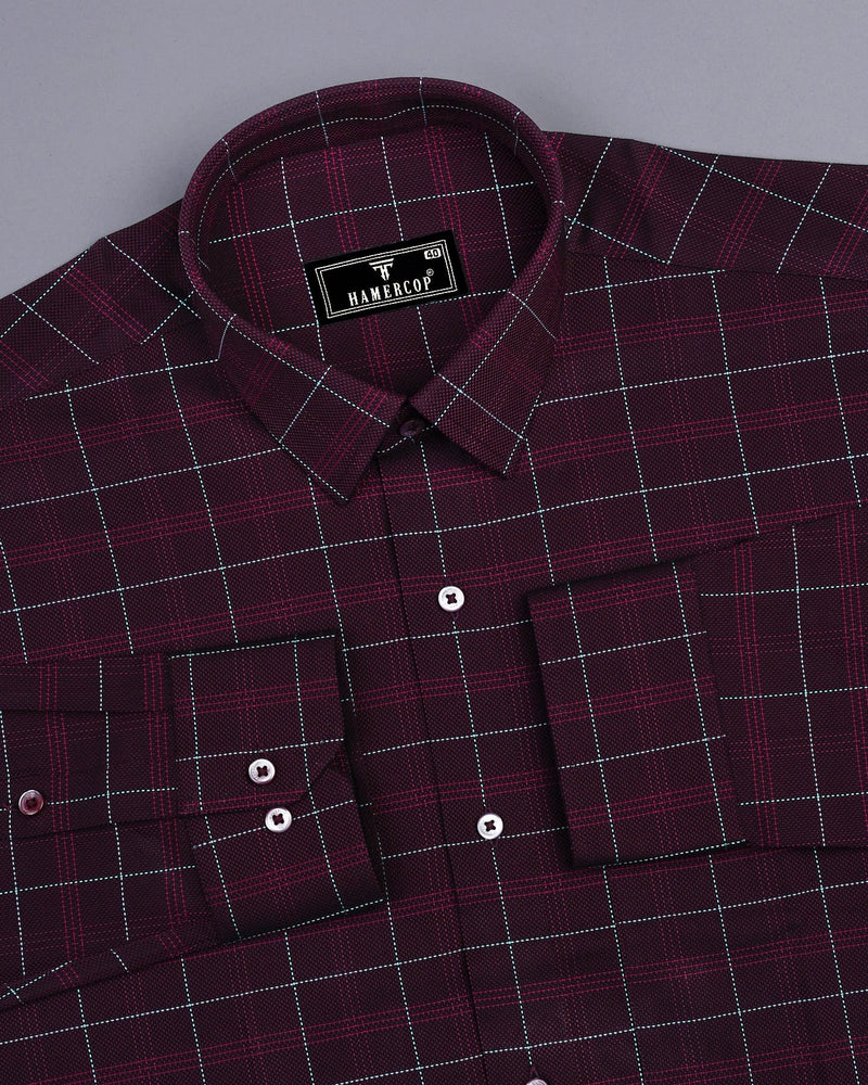 Rosewood Maroon With SkyBlue Thread Check Dobby Cotton Shirt