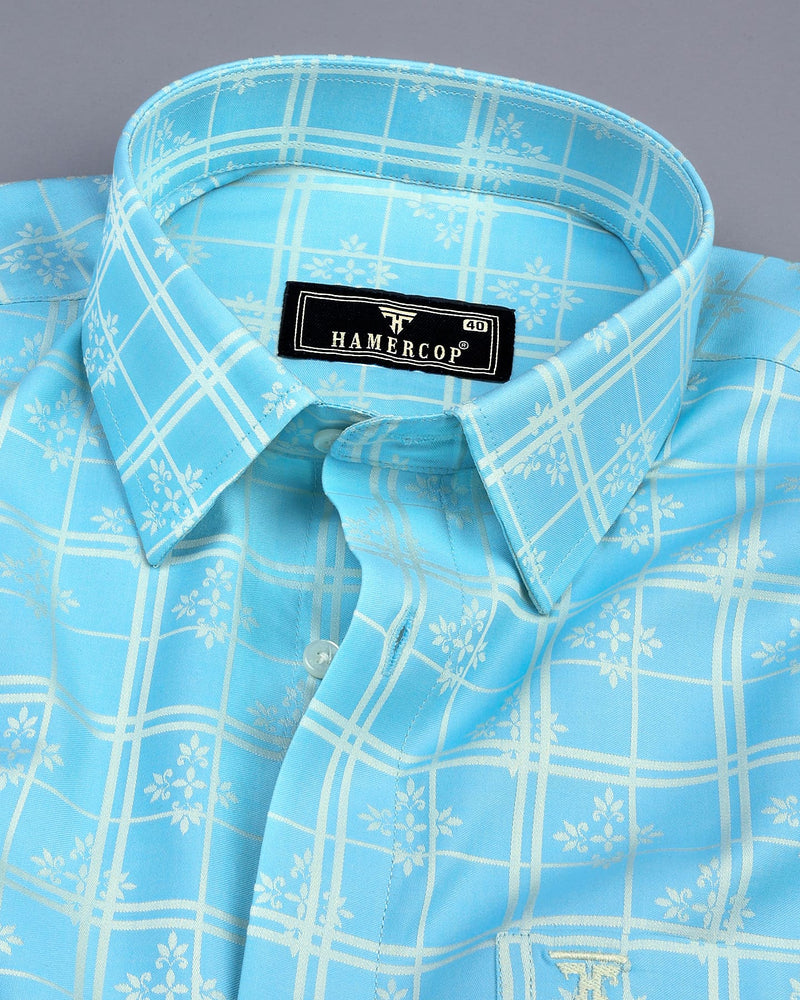 Aqua Blue Jacquard Patterned Premium Cotton Shirt