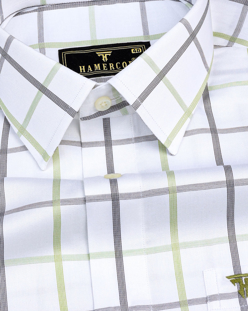 Swan White With Gray And Green Check Gizza Cotton Shirt