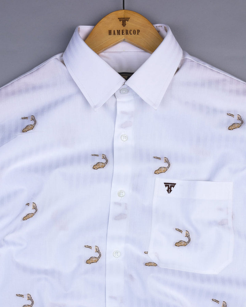 Calico Brown Jacquard Printed With White Self Stripe Cotton Shirt