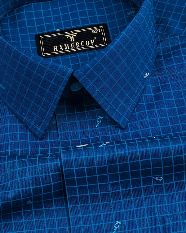 Curious Blue With Check And Pin Printed Cotton Shirt