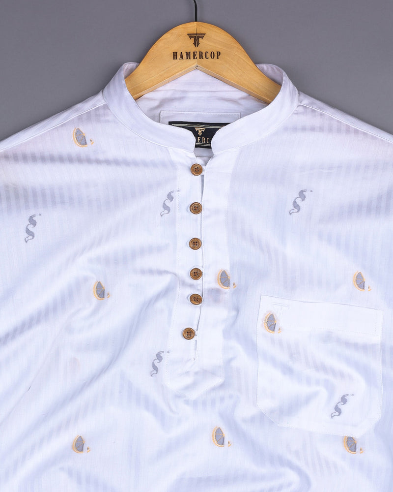 White Self Stripe Jacquard Printed Giza Shirt Style Kurta
