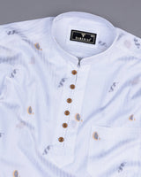 White Self Stripe Jacquard Printed Giza Shirt Style Kurta