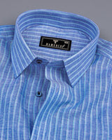 Celosia Blue With Green Stripe Linen Formal Cotton Shirt