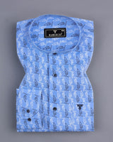 Blue With White And Black Geometric Printed Cotton Shirt
