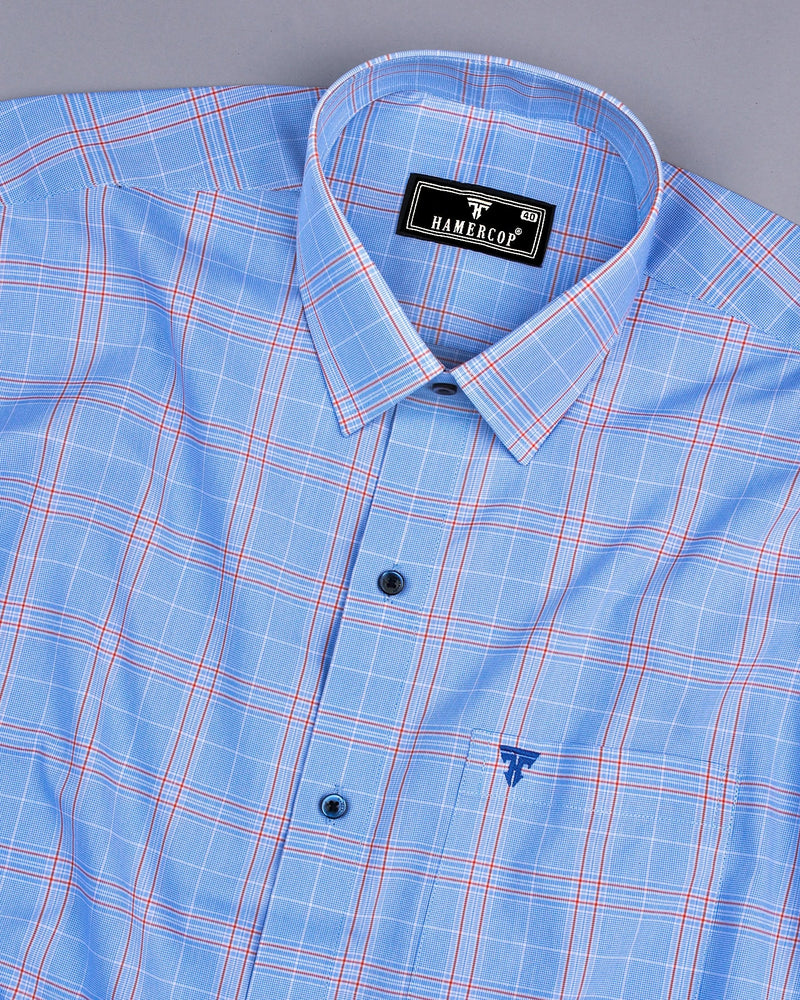 Bliss SkyBlue With Orange Micro Check Formal Cotton Shirt