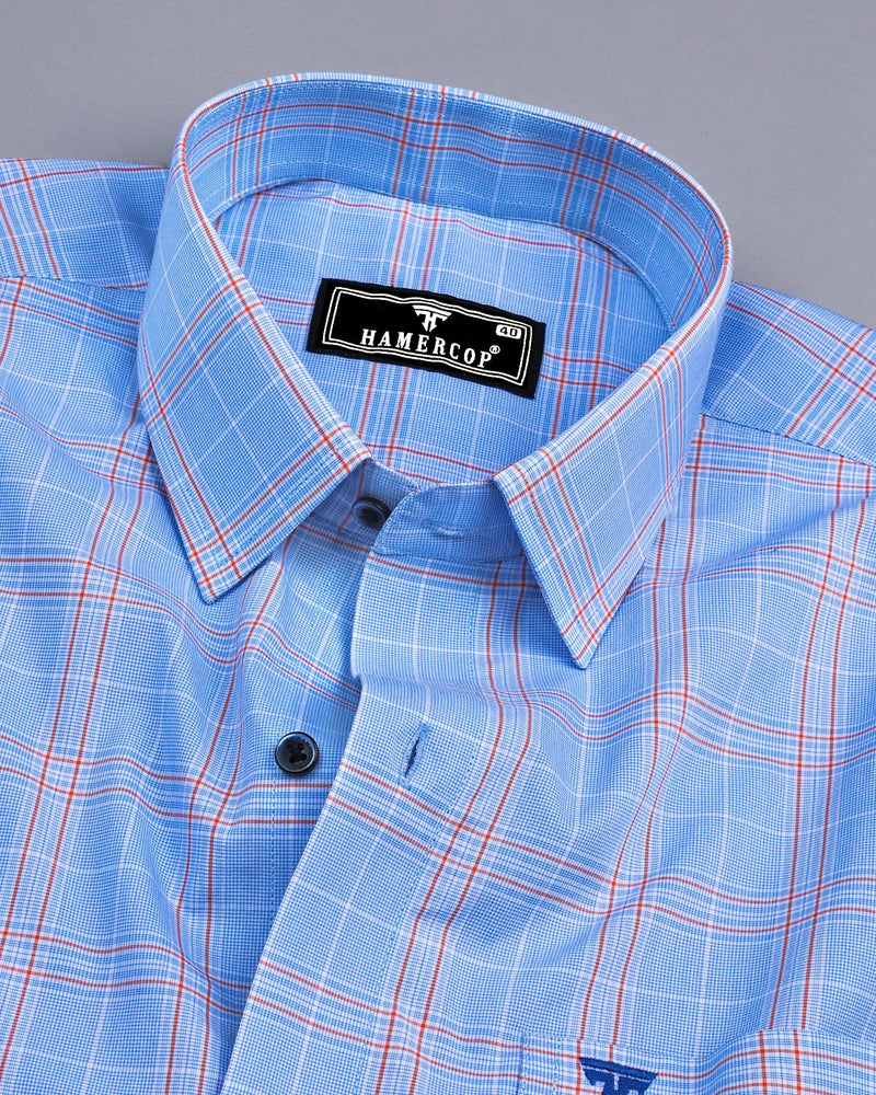 Bliss SkyBlue With Orange Micro Check Formal Cotton Shirt