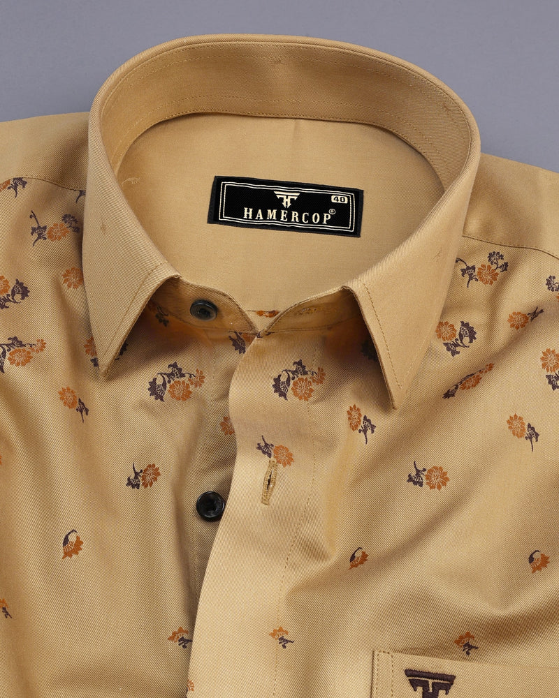 Khaki Brown Jacquard Flower Satin Cotton Designer Shirt