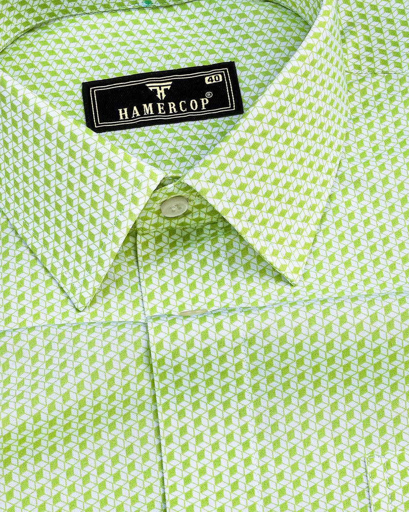Pear Green Geometrical Dobby Printed Cotton Shirt