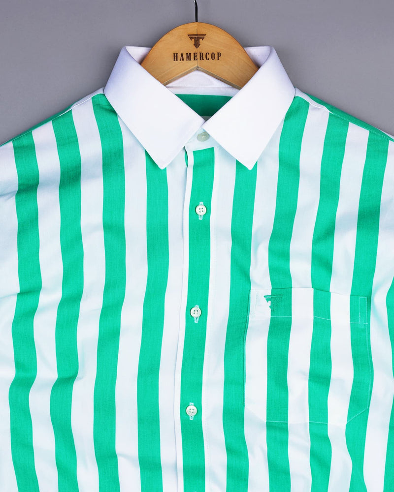 Capital Rama Green And White Broad Stripe Designer Cotton Shirt
