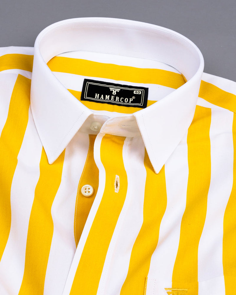 Cyber Yellow And White Broad Stripe Designer Cotton Shirt