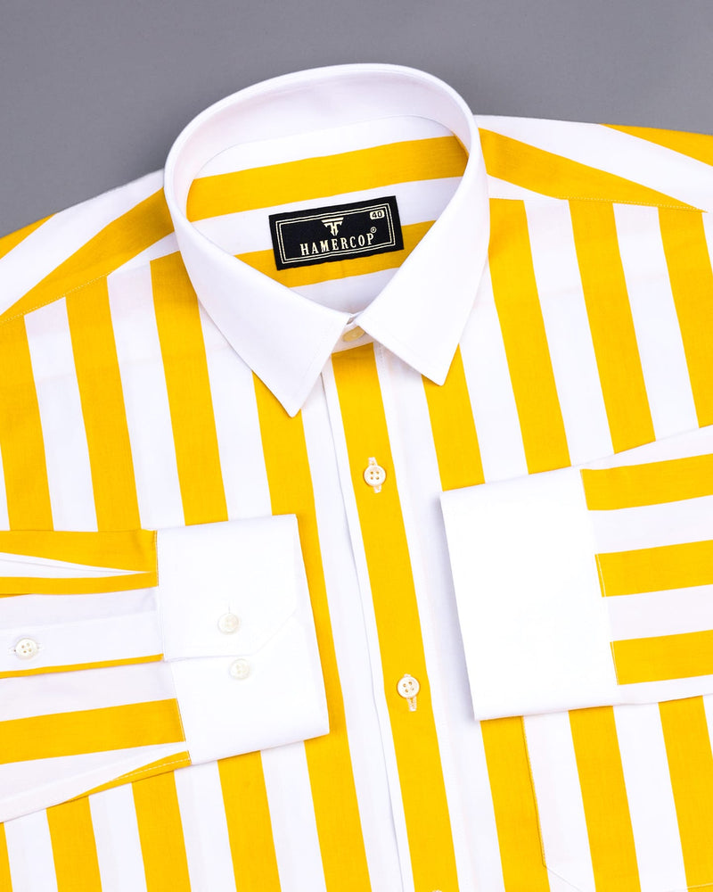 Cyber Yellow And White Broad Stripe Designer Cotton Shirt