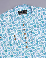 Blue Folk Flower Poplin Printed White Cotton Shirt Style Kurta