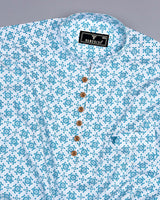 Blue Folk Flower Poplin Printed White Cotton Shirt Style Kurta