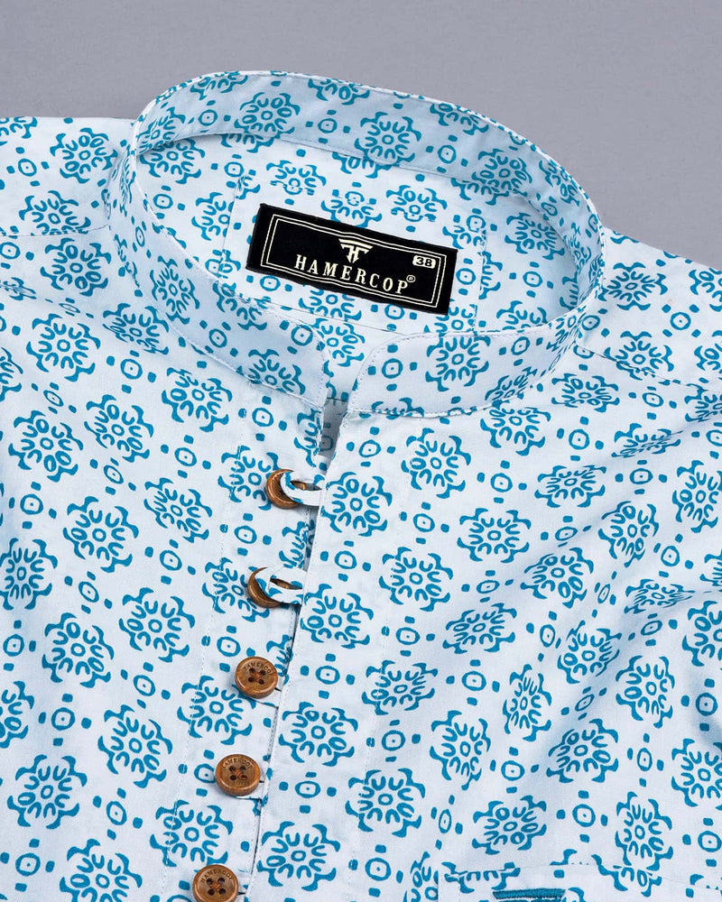 Blue Folk Flower Poplin Printed White Cotton Shirt Style Kurta