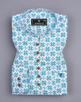 Blue Folk Flower Poplin Printed White Cotton Shirt Style Kurta