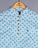 Blue Folk Flower Poplin Printed White Cotton Shirt Style Kurta