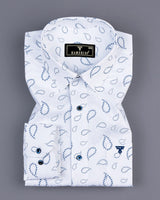 Kenora White With Blue Paisley Printed Satin Cotton Shirt