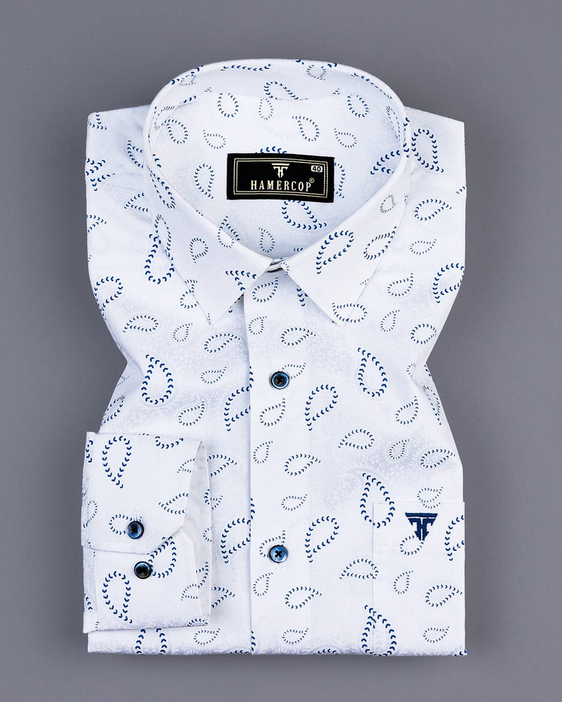 Kenora White With Blue Paisley Printed Satin Cotton Shirt