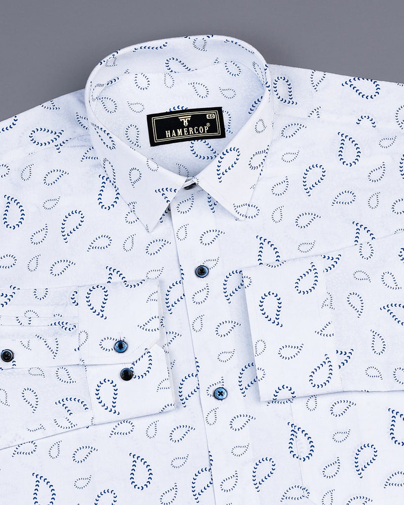 Kenora White With Blue Paisley Printed Satin Cotton Shirt