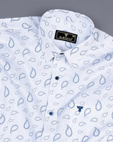 Kenora White With Blue Paisley Printed Satin Cotton Shirt