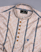 Clay Cream With Blue Stripe Printed Cotton Shirt Style Kurta